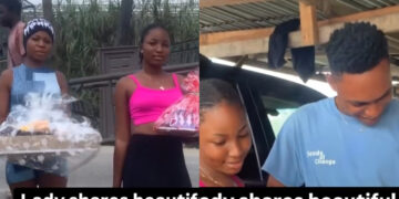 Lady wins hearts of many as she shares a beautiful moment she surprises her boyfriend at his work place with plenty of gift 
