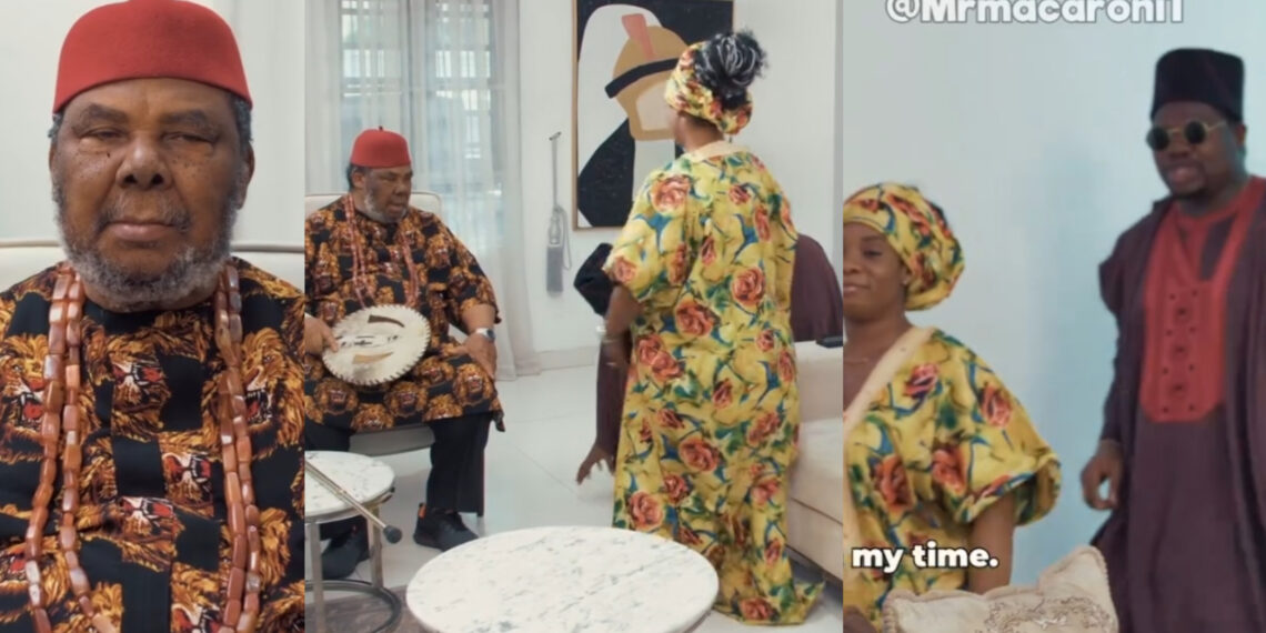 “A man who hangs around a woman for a long time without saying anything Ends up fetching water at her wedding.” legendary Pete Edochie  left jaw dropping left jaw dropping, as he seeks to marry the daughter of Mr Macaroni in a recent skits. 