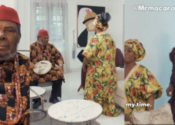 “A man who hangs around a woman for a long time without saying anything Ends up fetching water at her wedding.” legendary Pete Edochie  left jaw dropping left jaw dropping, as he seeks to marry the daughter of Mr Macaroni in a recent skits. 