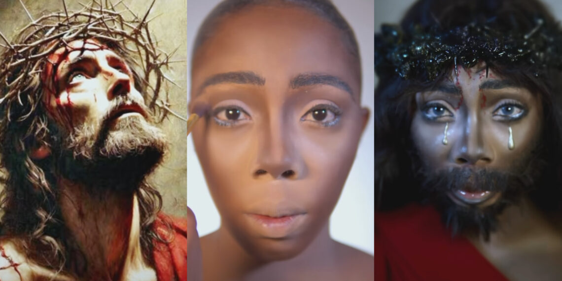 “my Jesus mouth no long like this” hilarious reactions trailing after a lady creatively transforms her face into Jesus Christ using makeup.