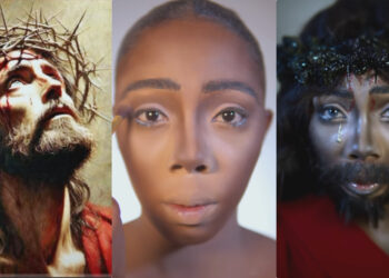 “my Jesus mouth no long like this” hilarious reactions trailing after a lady creatively transforms her face into Jesus Christ using makeup.