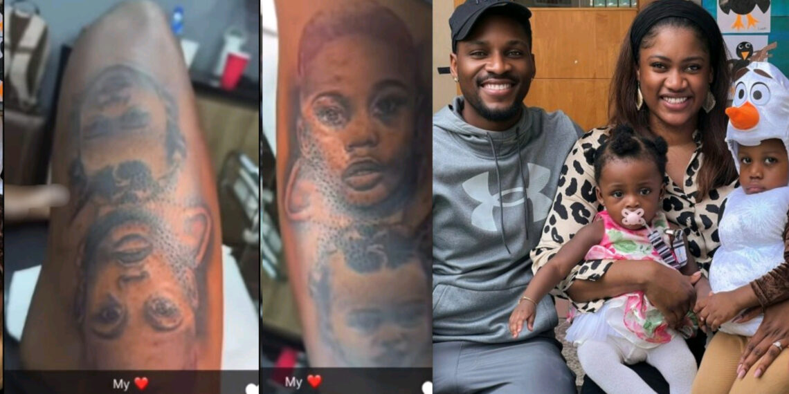 reality star and actor, Tobi Bakre wins hearts as he permanently tattoos his kids’ faces on his leg.