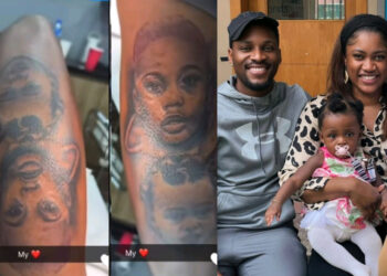 reality star and actor, Tobi Bakre wins hearts as he permanently tattoos his kids’ faces on his leg.