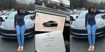 Nigerian lady who reside at united state, goes viral as she reportedly acquires a 2025 Tesla