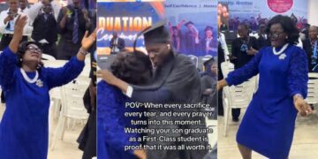 Proud mother weeps and dances with joy as son bags first class from Lead City University (Video)
