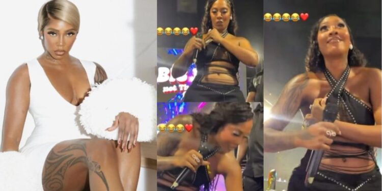 “No playing, she too like money” – Tiwa Savage reaction after a fan throws some dollars at her on stage goes viral online