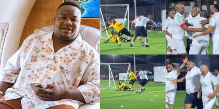 “What a strike, Chelsea is coming for you” – Reactions as billionaire Cubana Chief Priest scores an amazing goal (Video)
