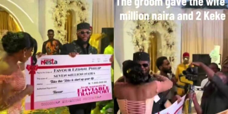 “God abeg ooo,na this kind groom i wan locate in my life” reaction trails as Bridegroom Surprises Bride with N7M and 2 Keke