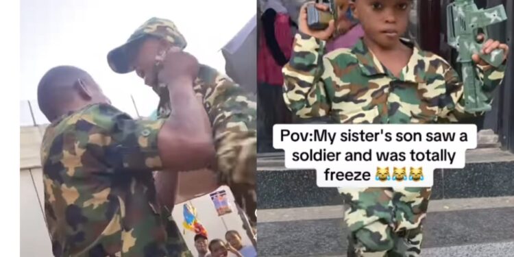 Young Boy who Dressed as Soldier creat scene After he&nbsp; Meet a Real soldier on Career Day.