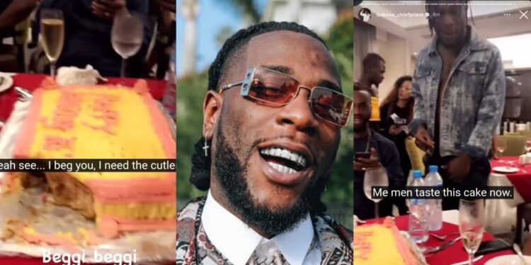 “He dey disrespect his helper”- Video of Burna Boy begging Cubana Chief Priest for cake went viral