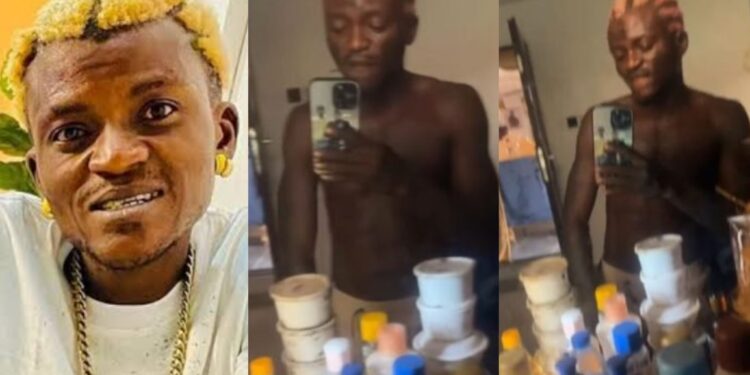 This guy no dey play at all”- Reactions as singer Portable shows off his skincare collection (Video)