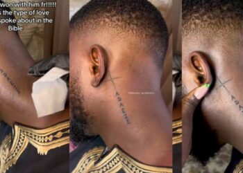 “The girl has won him, this is the type of love Jesus spoke about in the bible”-Video as man tattoo his woman name ‘Adaeze’ on his neck (Watch)