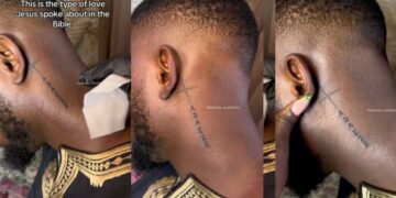 “The girl has won him, this is the type of love Jesus spoke about in the bible”-Video as man tattoo his woman name ‘Adaeze’ on his neck (Watch)