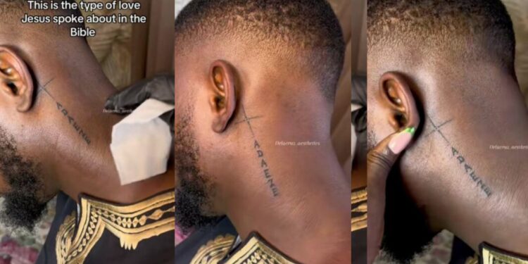“The girl has won him, this is the type of love Jesus spoke about in the bible”-Video as man tattoo his woman name ‘Adaeze’ on his neck (Watch)