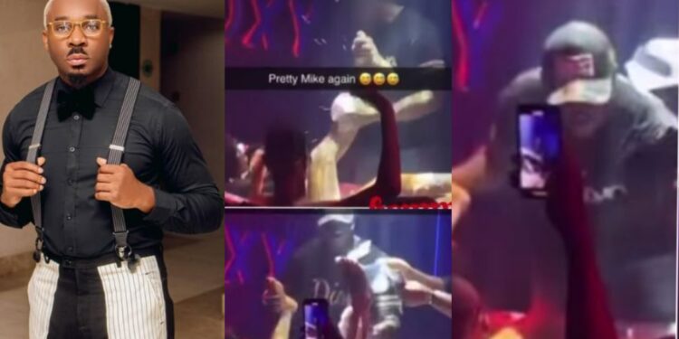 “Nawa o… Nah r!tual he dey perform?”- Video as Pretty Mike spotted bathing ladies at anightclub in lagos (Watch)