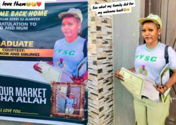 “If my relatives no do this banner I no go comot camp”-Family celebrates daughter’s NYSC completion with huge banner