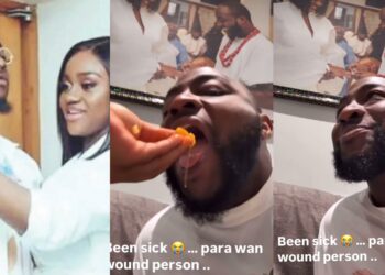 “Sha don’t bite the finger that feeds you” – Davido shares heartwarming video of his wife, Chioma nursing him back to health