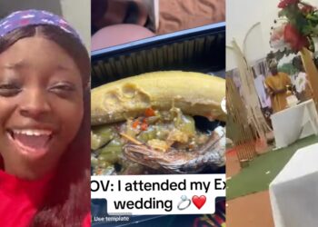 “Thank God say I quick leave ham o”- Lady expresses shock over food she was served at ex- boyfriend’s wedding, displays it online