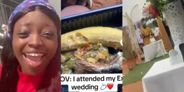 “Thank God say I quick leave ham o”- Lady expresses shock over food she was served at ex- boyfriend’s wedding, displays it online
