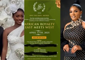 “Wedding is now the new business” – Iyabo Ojo’s daughter Priscilla’s wedding invitation card leaks online, fans express shock over aso ebi price