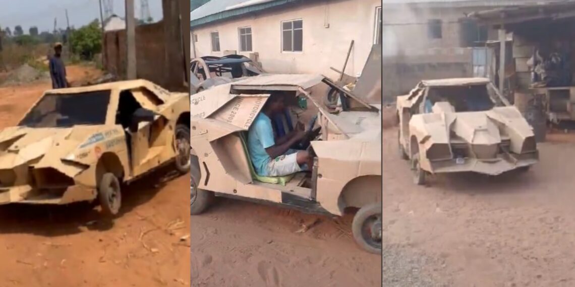 “Make e no catch fire o”- Nigerians shocked as man builds car with cartons, takes it to filling station