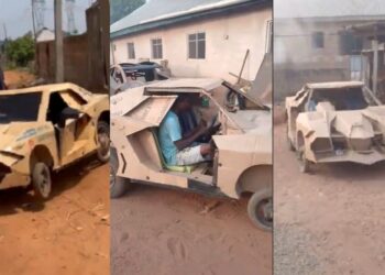 “Make e no catch fire o”- Nigerians shocked as man builds car with cartons, takes it to filling station