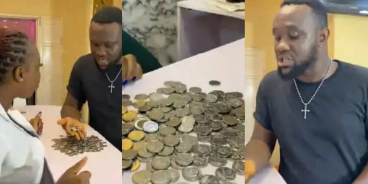 “But If na dollar coins una go collect?”- Drama as man uses NGN coins worth N8,000 to pay for service at Spa, company refuses to accept
