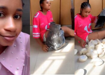 “At least na only soup you go dey cook”-Moment lady receives bag of fufu as birthday gift after asking Dad for food tray
