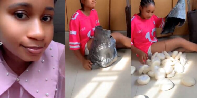 “At least na only soup you go dey cook”-Moment lady receives bag of fufu as birthday gift after asking Dad for food tray