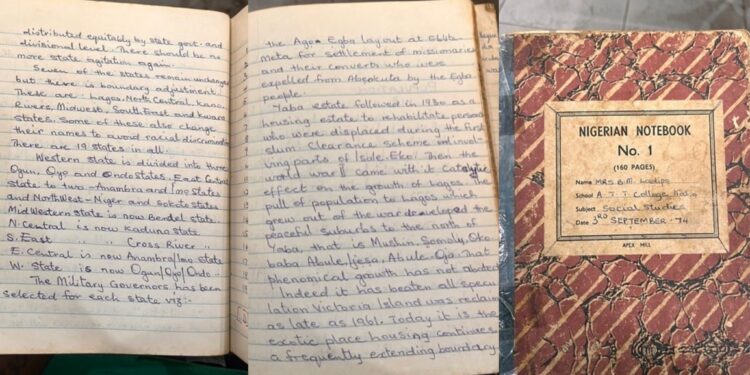 “The book has a lot gem in it”- Lady discovers grandmother’s 1974 Social Studies notebook, reveals interesting details about Lagos’ history