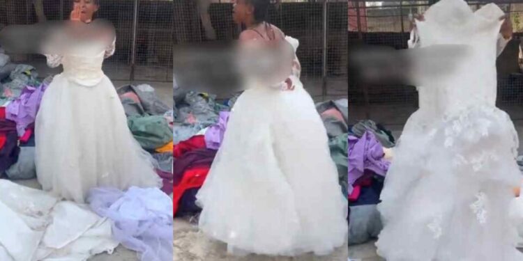 “This is just too funny, who buys a wedding gown for 8k”- Thrift vendor sells wedding gown for ₦8,000, sparks reactions online